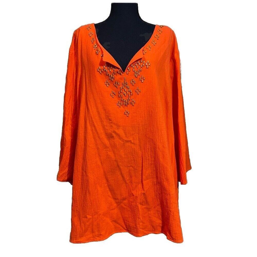 Susan Graver Beaded Tunic Size 3X Coral Orange Cotton V-neck Roll Tab Coastal